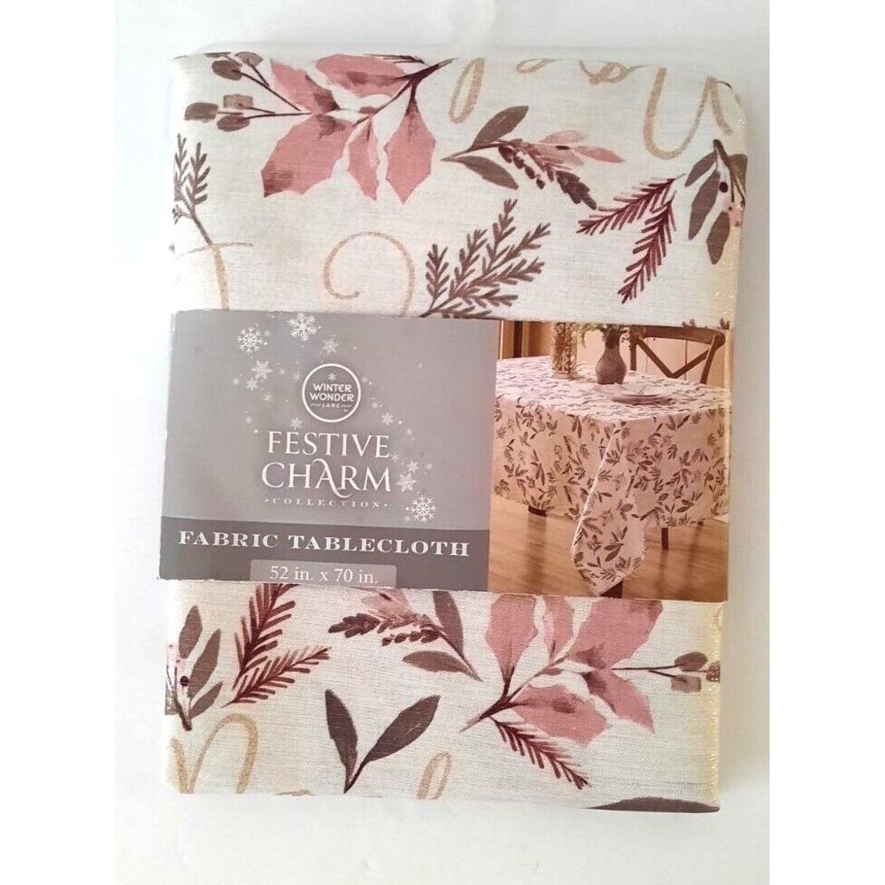 Winter Wonder Lane Festive Charm Fabric Tablecloth 52x70 Metallic Floral Holiday